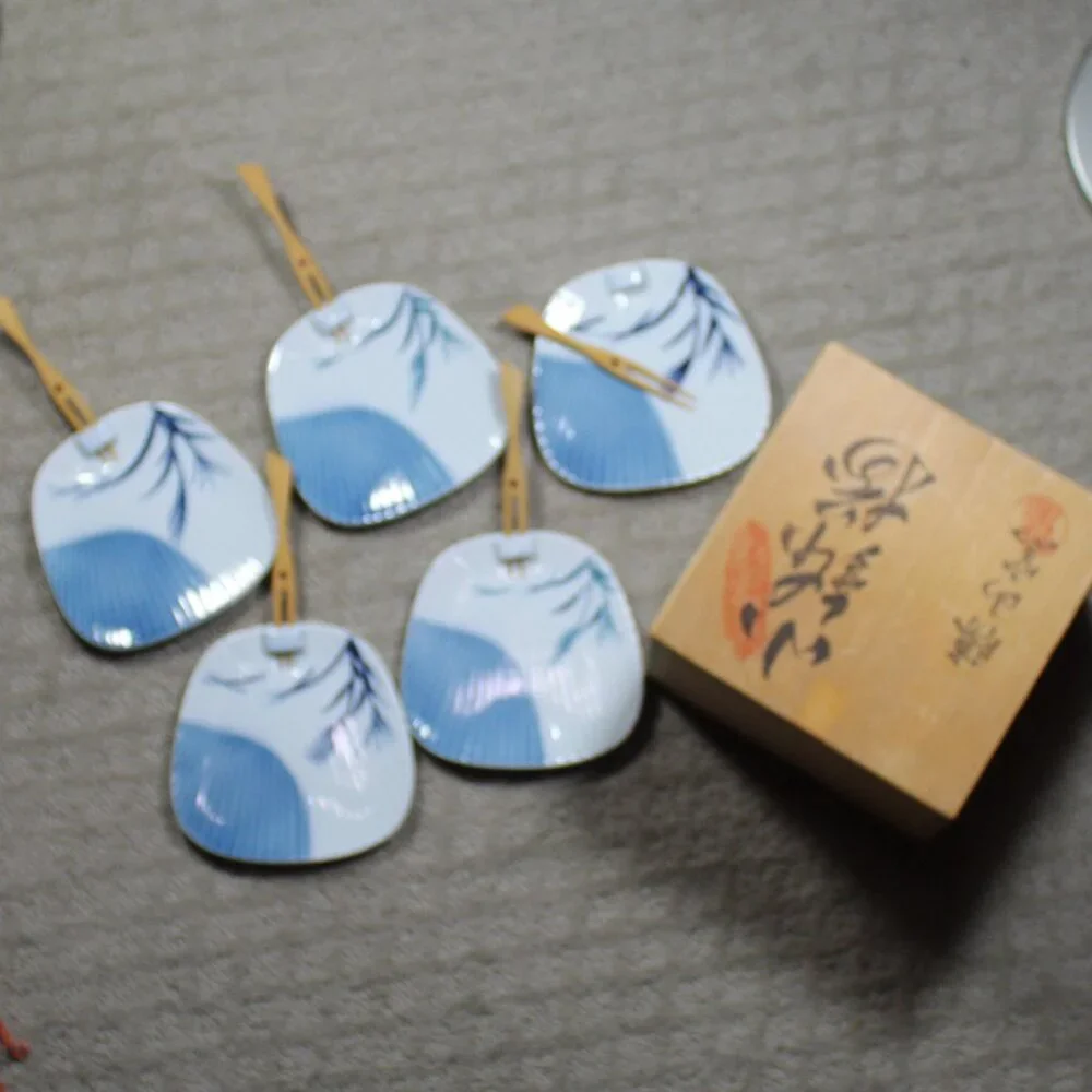 Lot Of 5 Blue White Japanese Porcelain Plate Set With Bamboo Forks In Wooden Box